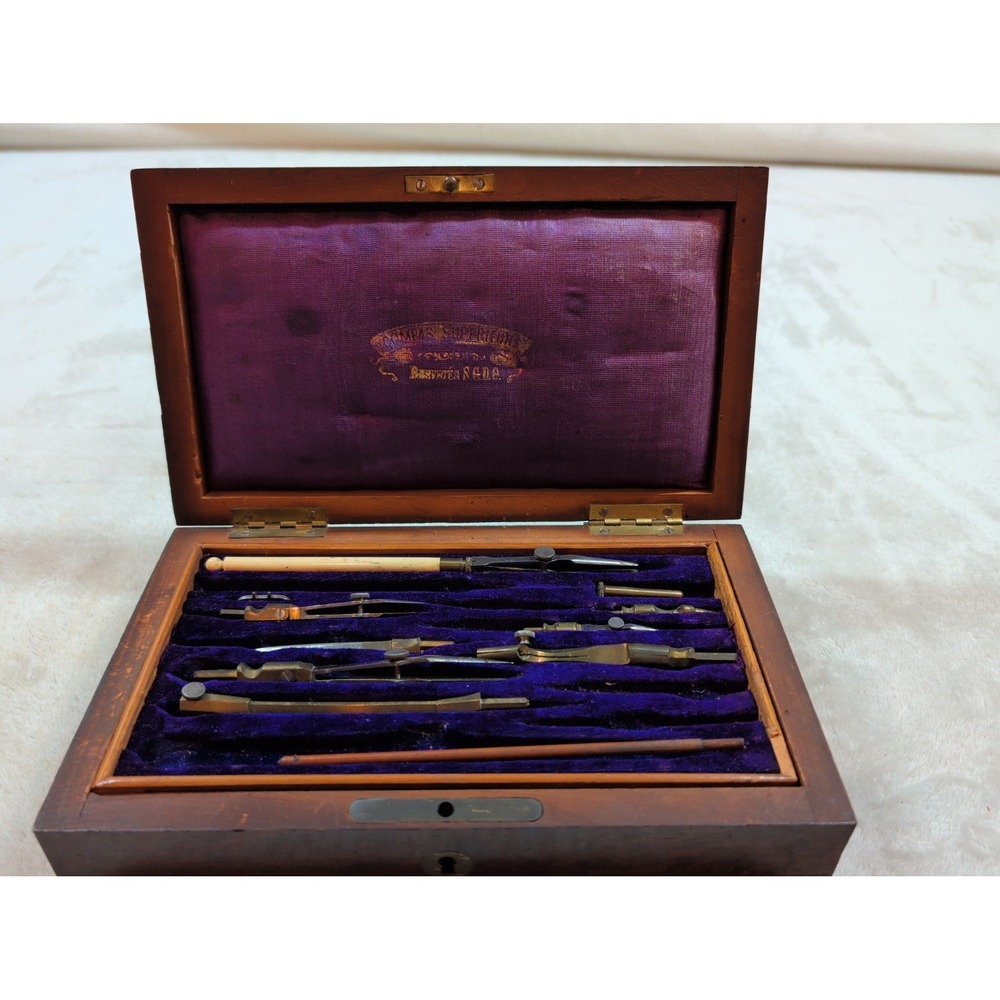 Antique Compas Superieurs Brevete SGDG Drafting Set Rosewood Case French Brass - Picture 7 of 11